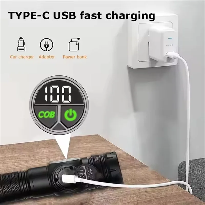 Linternas LED de alta potencia, linterna táctica magnética recargable por USB con luz lateral COB, linterna con Zoom para acampar y pescar
