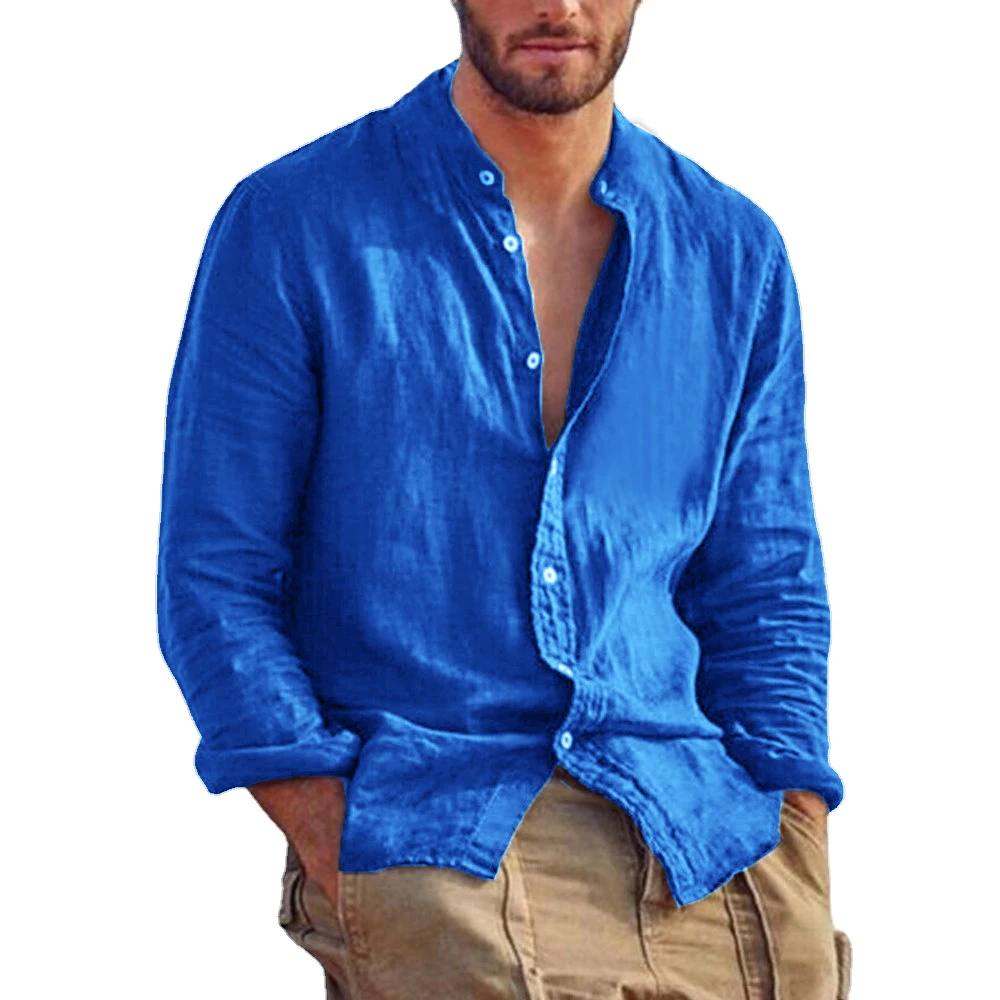 Neue männer Einfarbig Langarm Hemd Leinen Baumwolle Shirts Trend Plus-größe Stehkragen Lässig Leichte Strand Tops