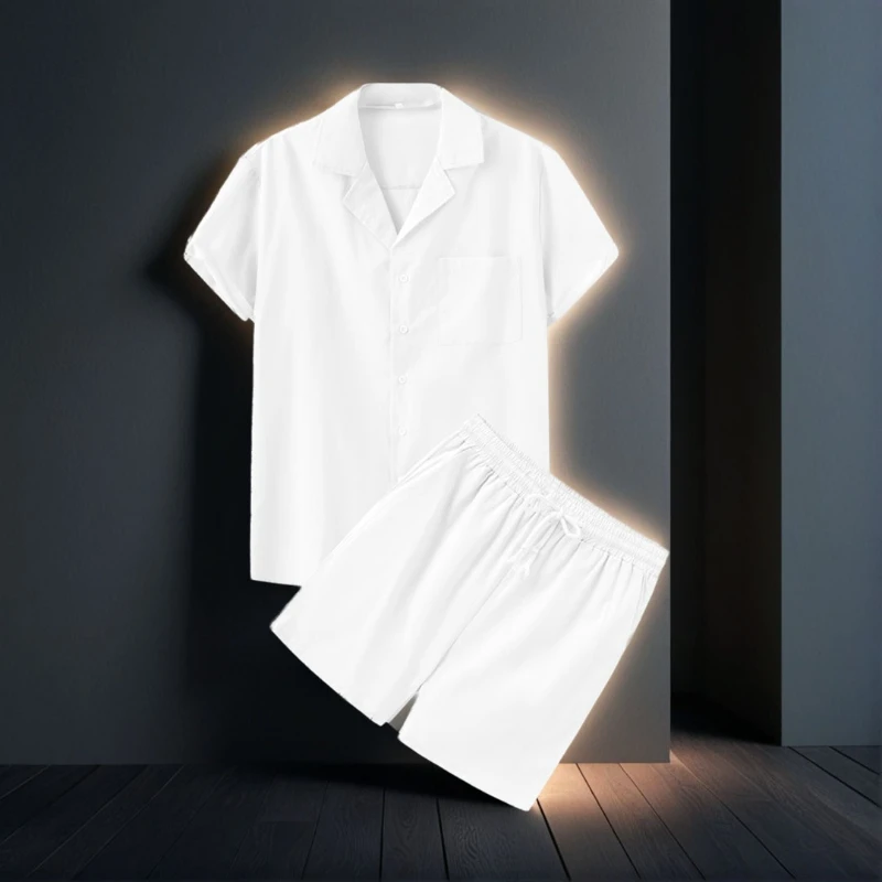 Conjunto de 2 piezas de camisa y pantalones cortos de manga corta con solapa de muesca para hombre, traje informal diario de estilo americano y europeo de verano