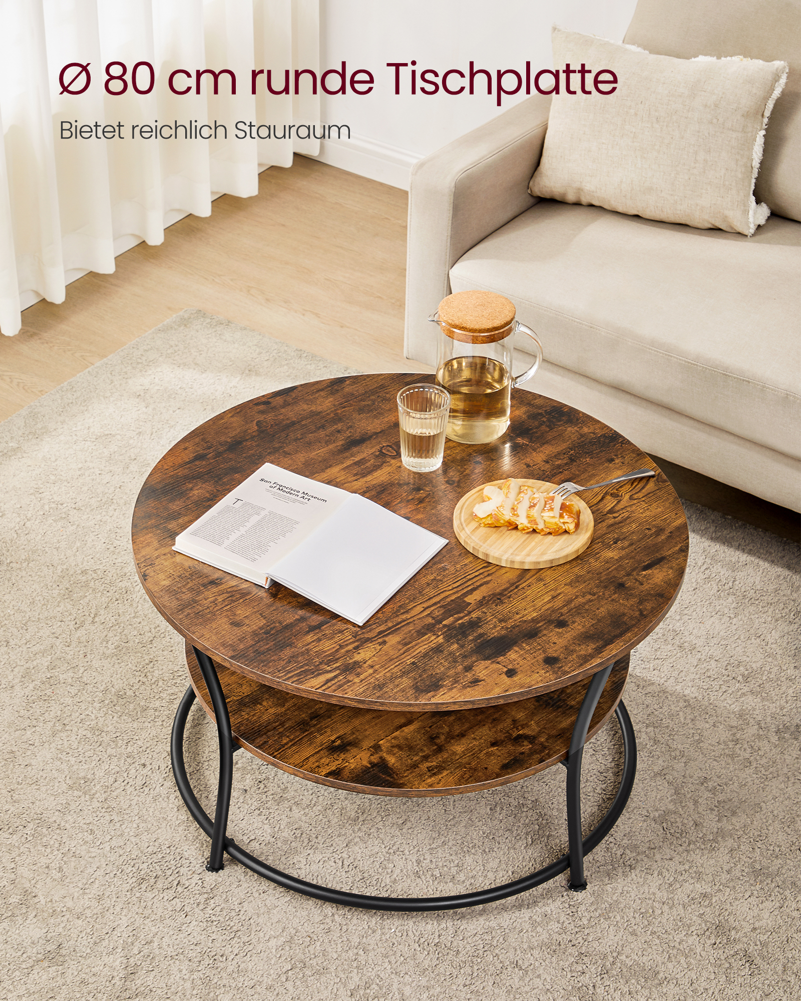 VASAGLE salontafel ronde woonkamertafel banktafel met plank, eenvoudig constructie metaal industrieel ontwerp