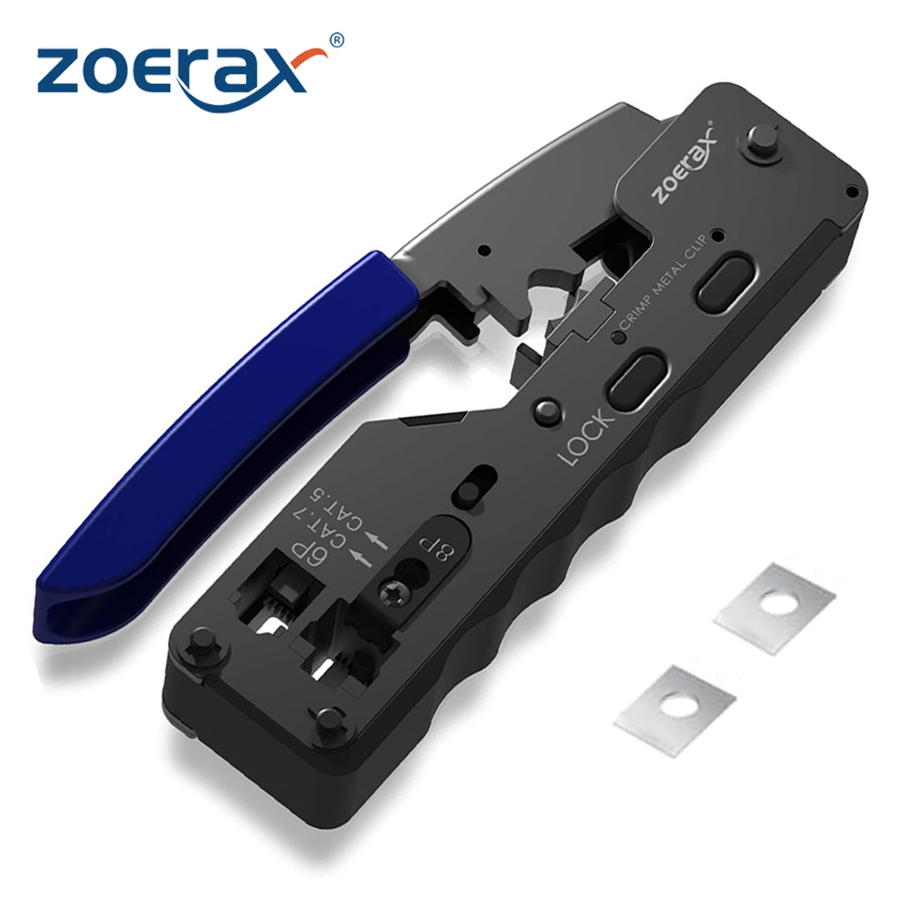Herramienta de prensado ZoeRax RJ45, engarzadora cortadora de cables Ethernet para conectores Cat7 Cat6A Cat6 Cat5E Cat5