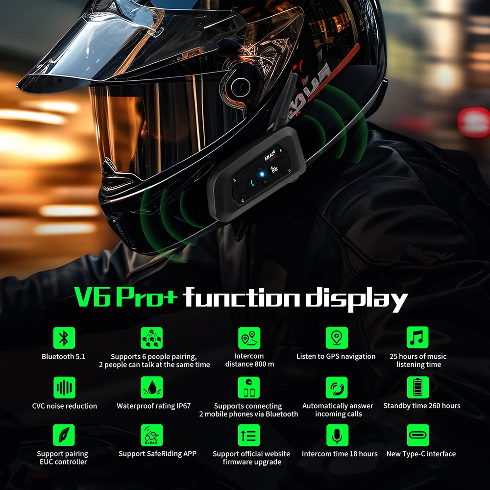 EJEAS V6 PRO +/PLUS Motorradhelm Bluetooth-Gegensprechanlage-Headset mit 800 m BT-Gegensprechkommunikator für 6 Fahrer wasserdicht