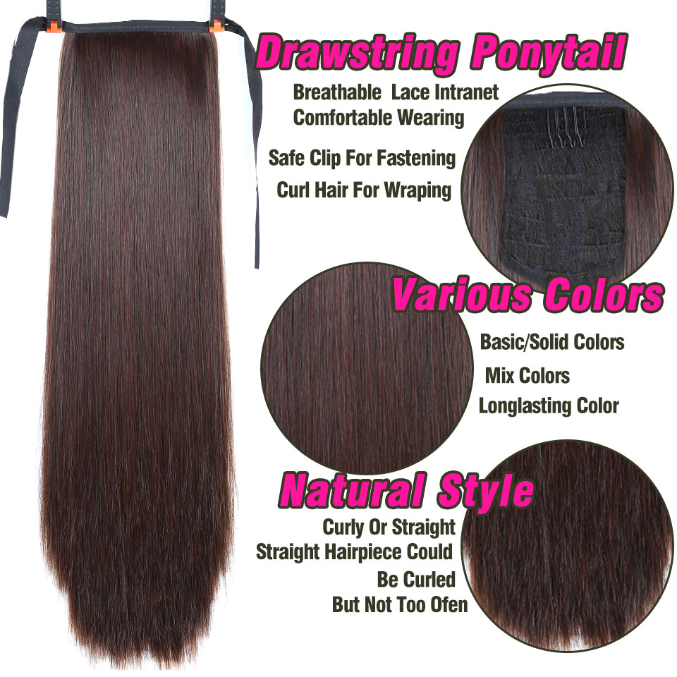 Peruca de cabelo sintético rabo de cavalo, cabelo falso, rabo de cavalo em clipe reto, com extensões de grampos de cabelo para mulheres