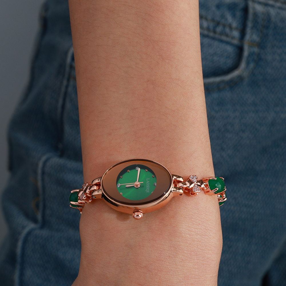 Nova chegada de luxo rosa banhado a ouro relógio quartzo elegante à prova dwaterproof água colorido zircão pedra preciosa design relógios para mulher