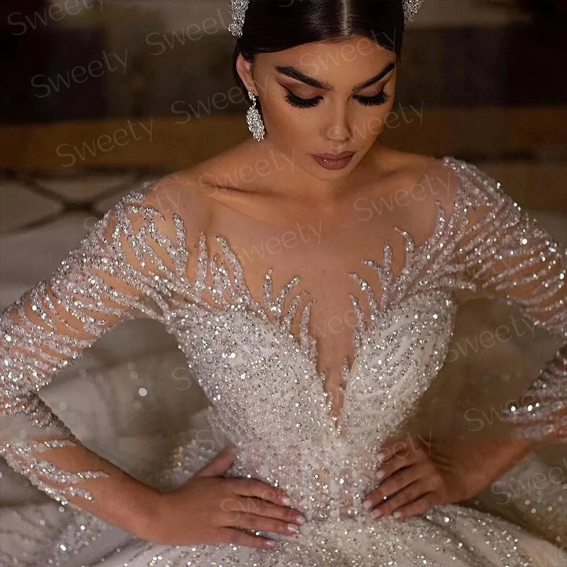 Glitter Hochzeit Kleid Spitze Mit Perlen Ballkleid Prinzessin Volle Hülse O-ansatz Braut Kleid Backless Angepasst Vestido De Novia