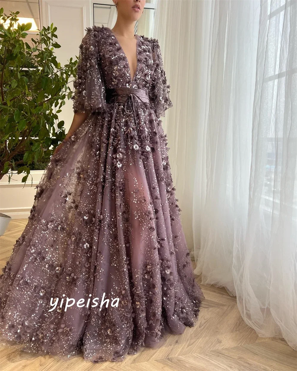 Personalizado jiayigong net applique strass formal noite a linha com decote em v sob medida ocasião vestido vestidos longos arábia saudita