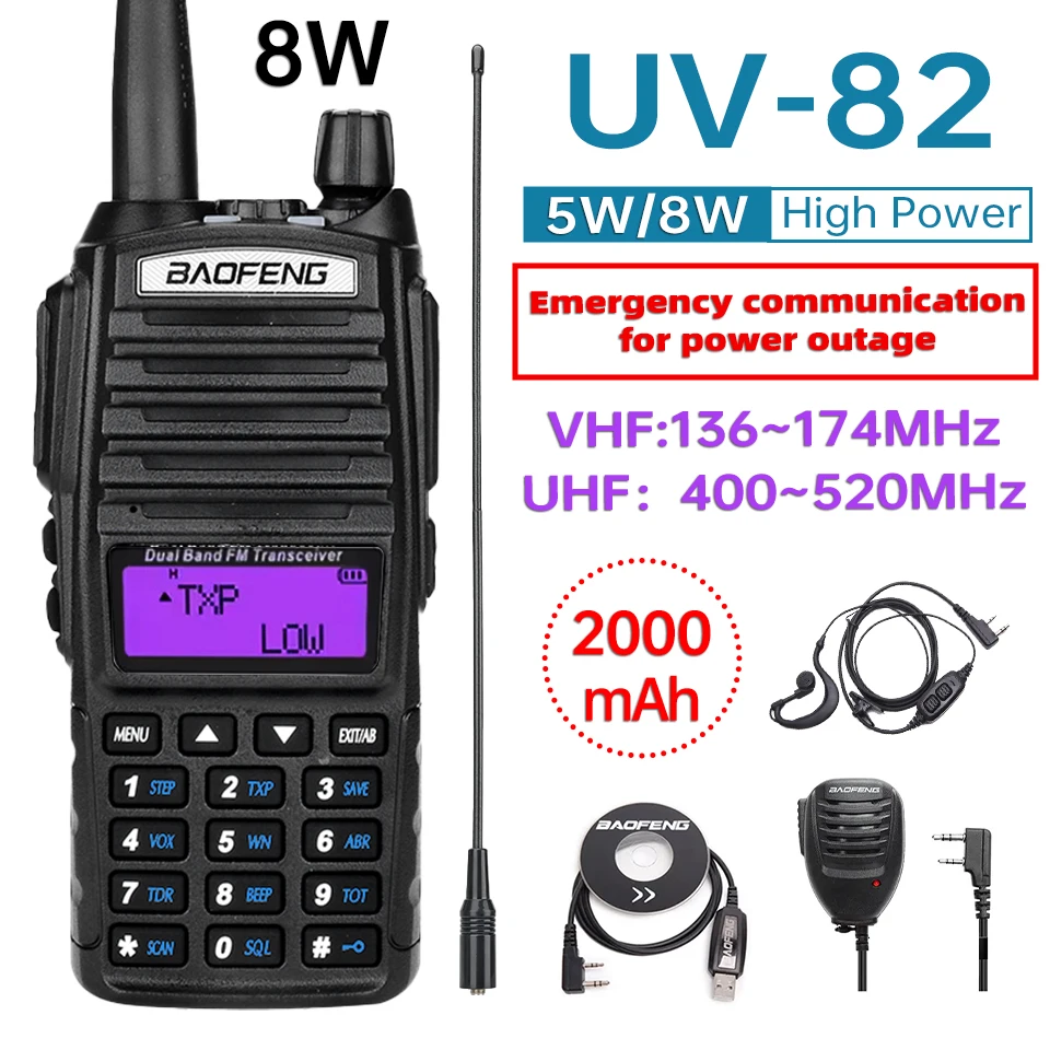 5W/8W Ad Alta Potenza Baofeng UV-82 Unieke Dual PTT Walkie Talkie Uv82 Dual Band Vhf/Uhf FM 10Km Lungo Raggio Bidirezionale Ham CB Radio