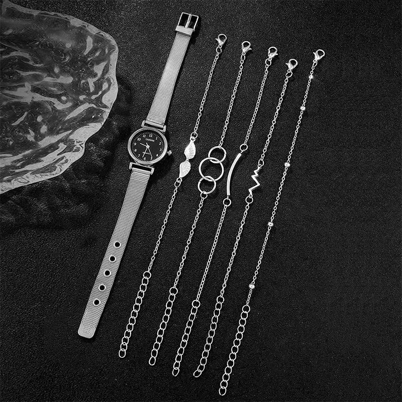 Conjunto de 6 piezas para mujer, a la moda relojes de cuarzo, conjunto de pulsera de malla plateada de lujo, reloj de vestir