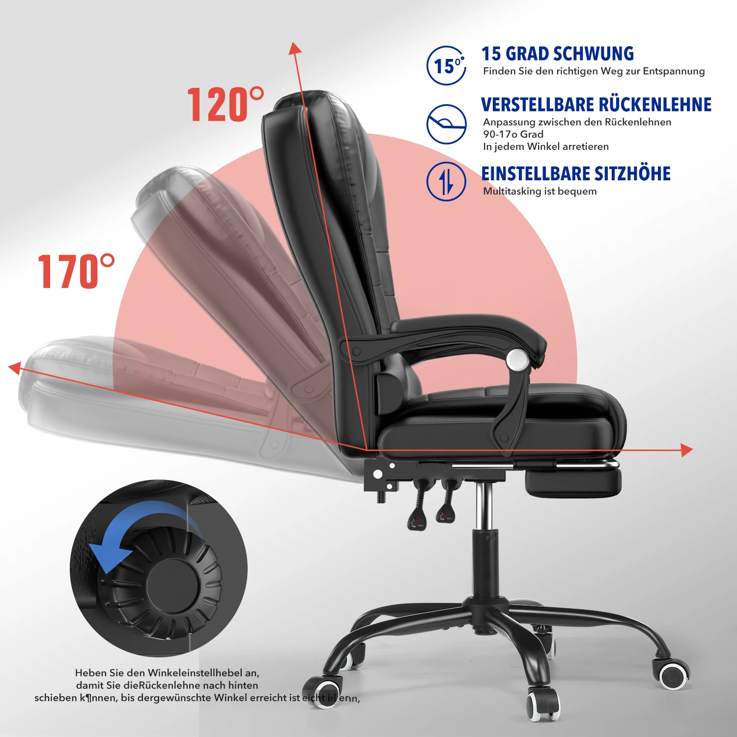 Bürostuhl mit Massagefunktion mit Fußstütze , ergonomisches Design mit großer Sitzpolsterung, Lendenwirbelstütze, Rollen, für reibungslose Mobilität im Büro, Schwarz