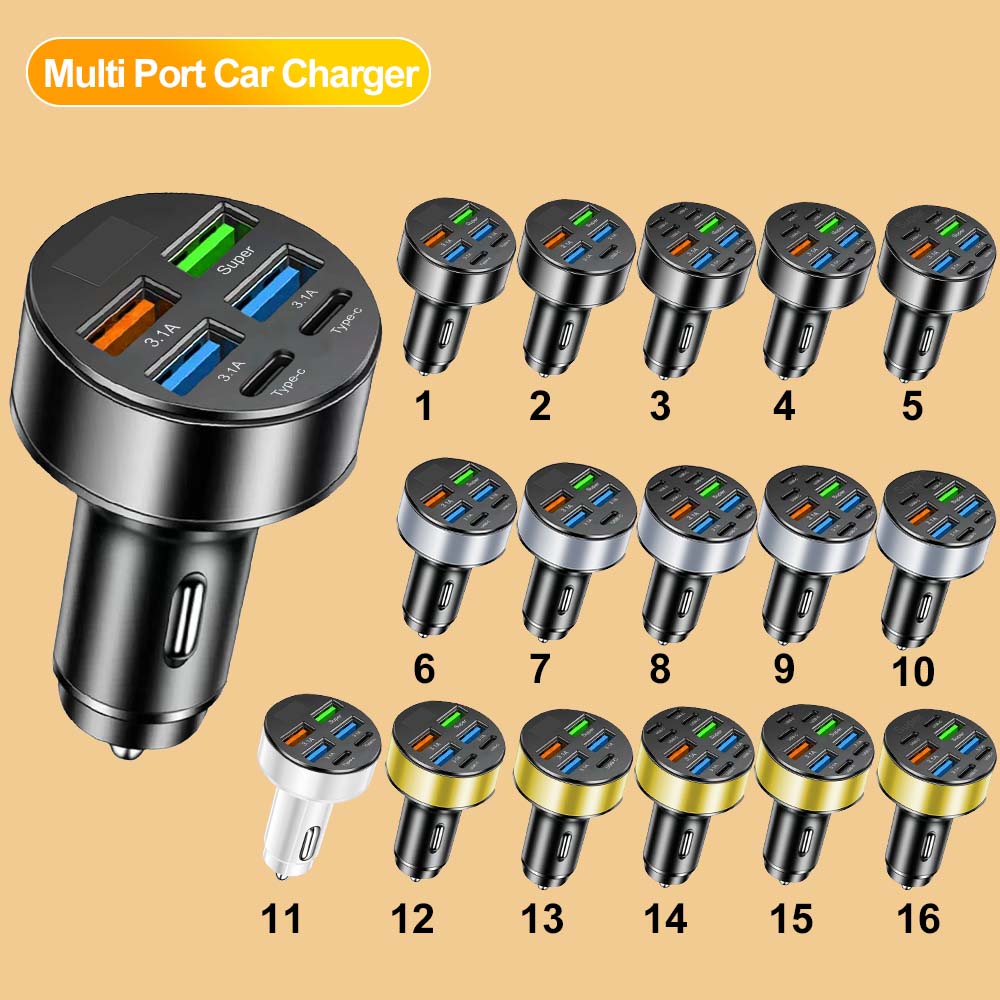Cargador de coche de 100W, 6/10 puertos, carga rápida PD QC3.0, USB C, adaptador tipo C para iPhone, Xiaomi, Samsung, Huawe