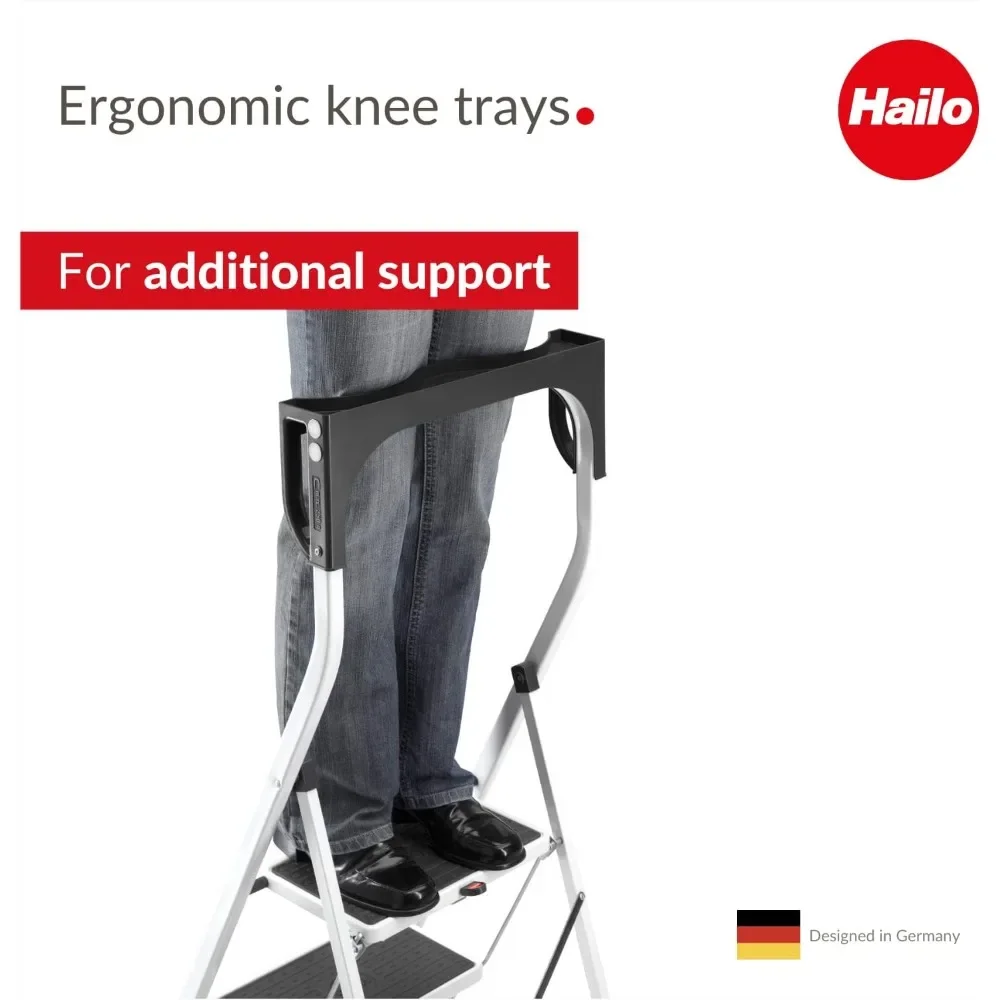 Safety Plus | Steel Folding Stepladder Two Large Steps with Non-Skid mats | High Curved Safety bar and Storage Tray