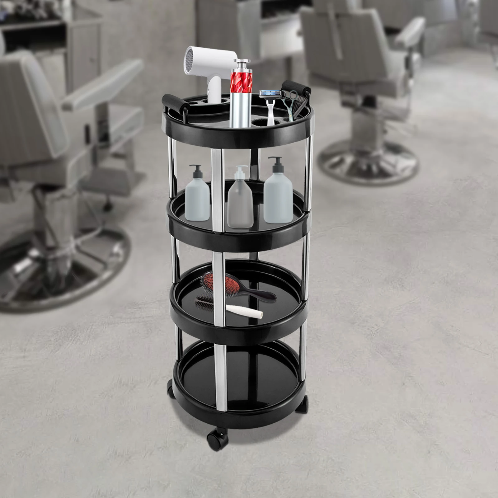Carrello per parrucchiere rotondo a 4 livelli Carrello per barbiere Carrello per parrucchiere professionale Carrello per cosmetici Carrello oscillante per salone