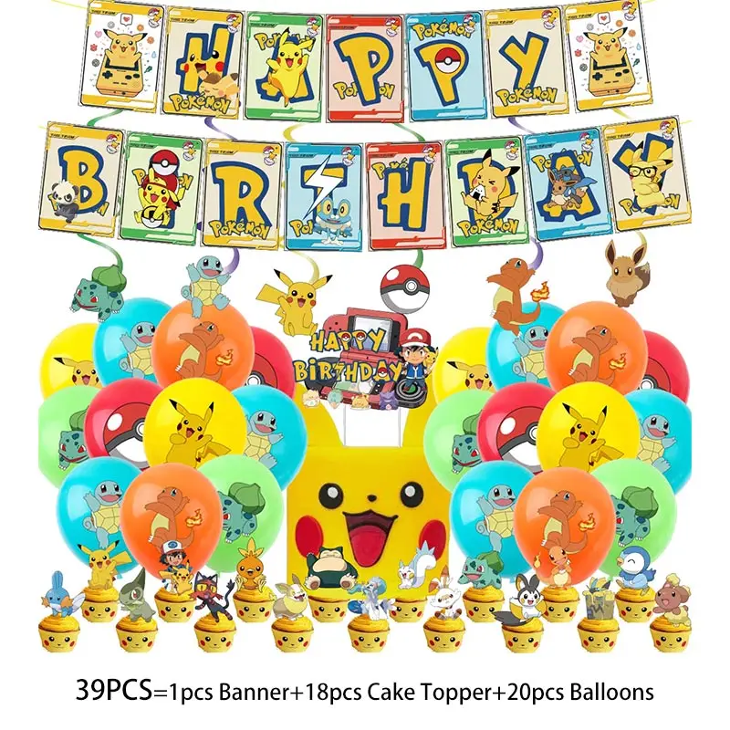 Decoraciones para fiesta de cumpleaños de Pikachu, globos de aluminio de Pikachu, vajilla desechable, plato, servilleta, pancarta para suministros de fiesta para niño