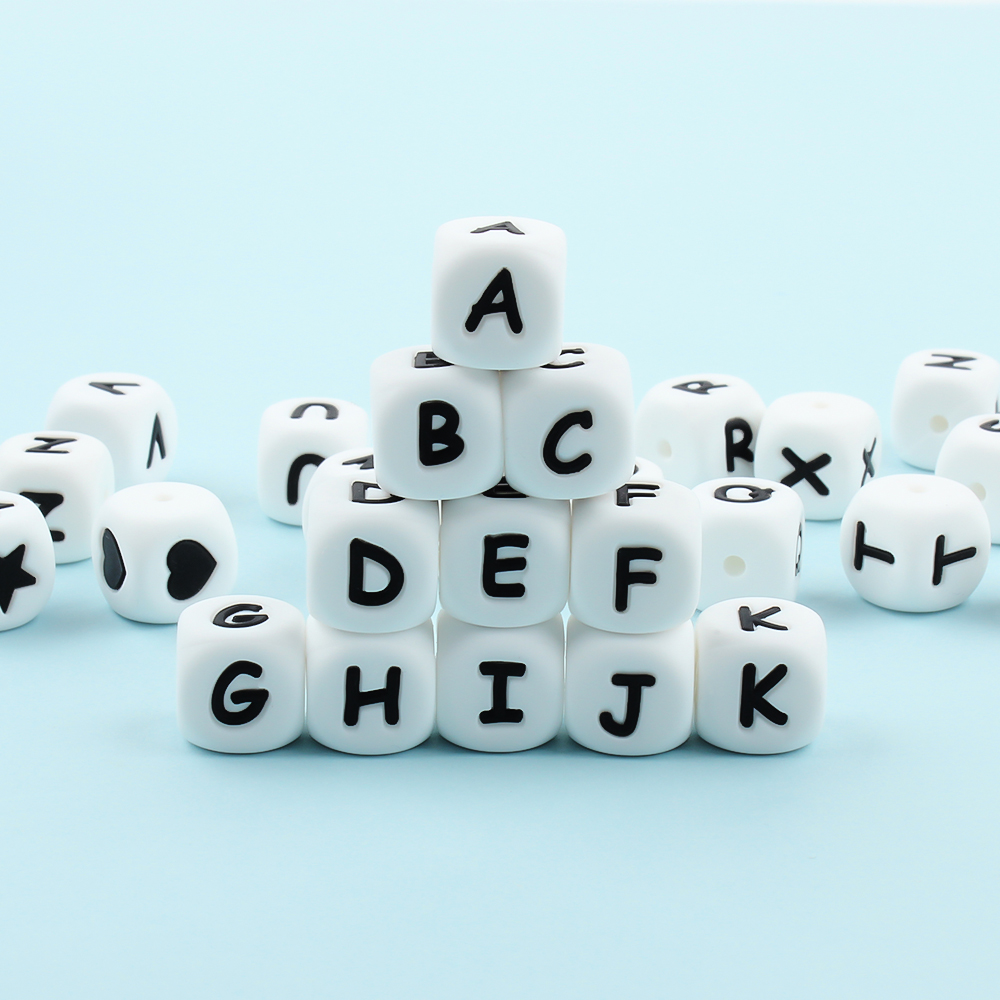 100 pçs 12mm letras contas de silicone bebê alfabeto contas mordedor grau alimentício dentição contas diy chupeta corrente chocalho acessórios