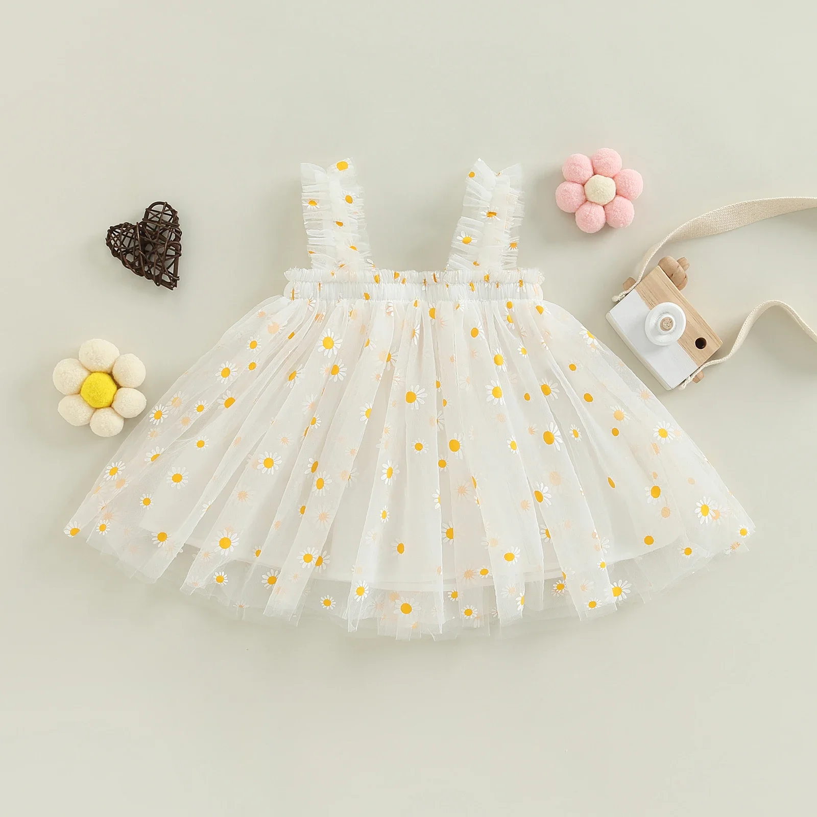 Tregren เด็กวัยหัดเดินชุดสลิงฤดูร้อนแขนกุด Daisy พิมพ์ A-Line Tulle เจ้าหญิง A- Line ชุดเด็กชุดวันเกิด