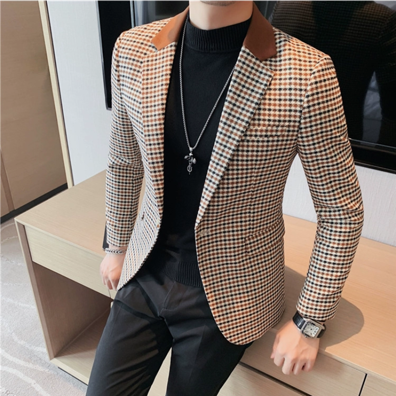 2024 Otoño Invierno chaqueta coreana de pata de gallo chaquetas de moda Color a juego diseño de solapa Casual traje a cuadros para hombres abrigo esmoquin