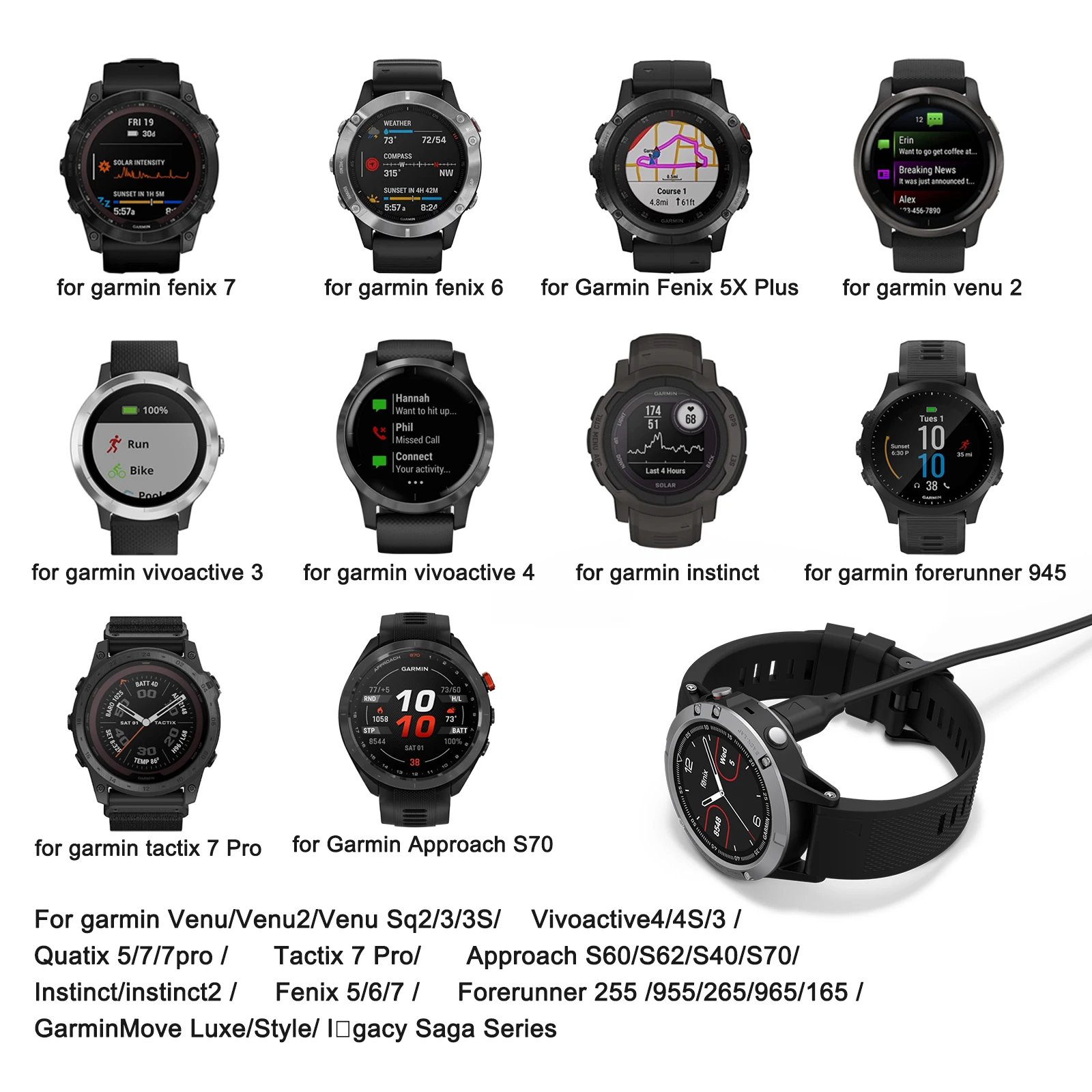 Type C Watch Charger Cable for Garmin Venu2/VenuSq2/3/3S Fenix 5/6/7 Vivoactive4/4S/3 Fast Charging Cord For Forerunner 965/266
