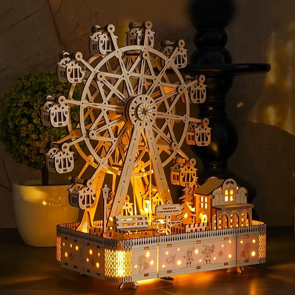 Ferris ล้อเพลงกล่องรุ่น LED Light 3D ปริศนาไม้ DIY Assembly Building ชุดงานฝีมือตกแต่งบ้านผู้ใหญ่เด็กของขวัญ