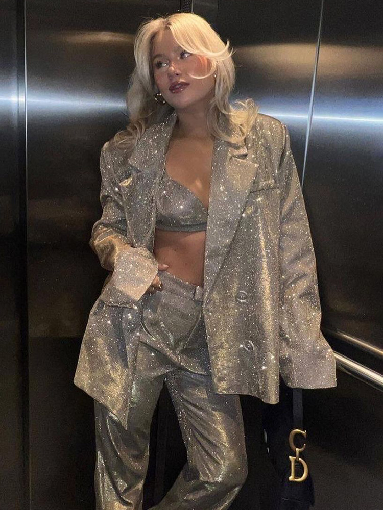 TARUXY スライバーキラキラ特大ブレザーセット女性のためのスーツレディースカジュアルグリッターコートとパンツセットブレザーファム Mujer パーティー