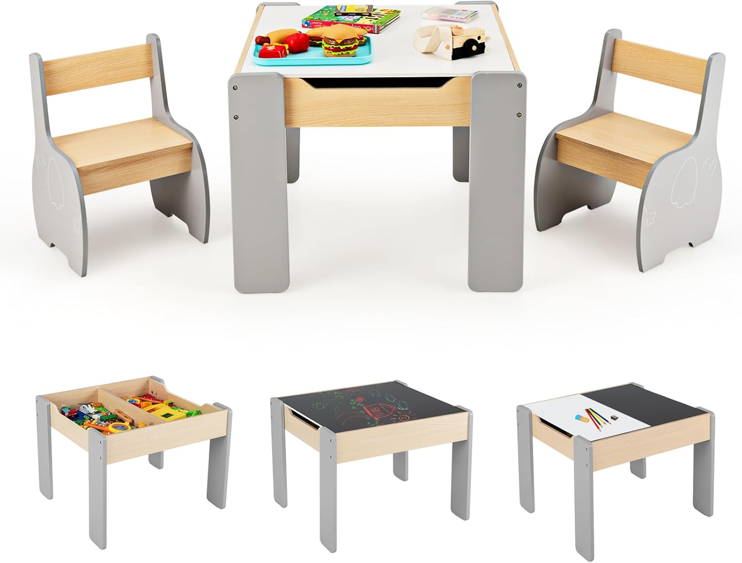 Kindertisch mit 2 Stühlen, 3-teiliges Kindermöbelset aus Holz mit umkehrbarer und abnehmbarer Tischplatte, Kindermöbel
