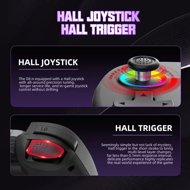 VILCORN-Controlador RGB Flexível Dual Hall, Jogos D8, Gamepad Streaming para Tablet, Android, PS4, Switch, PC Joystick