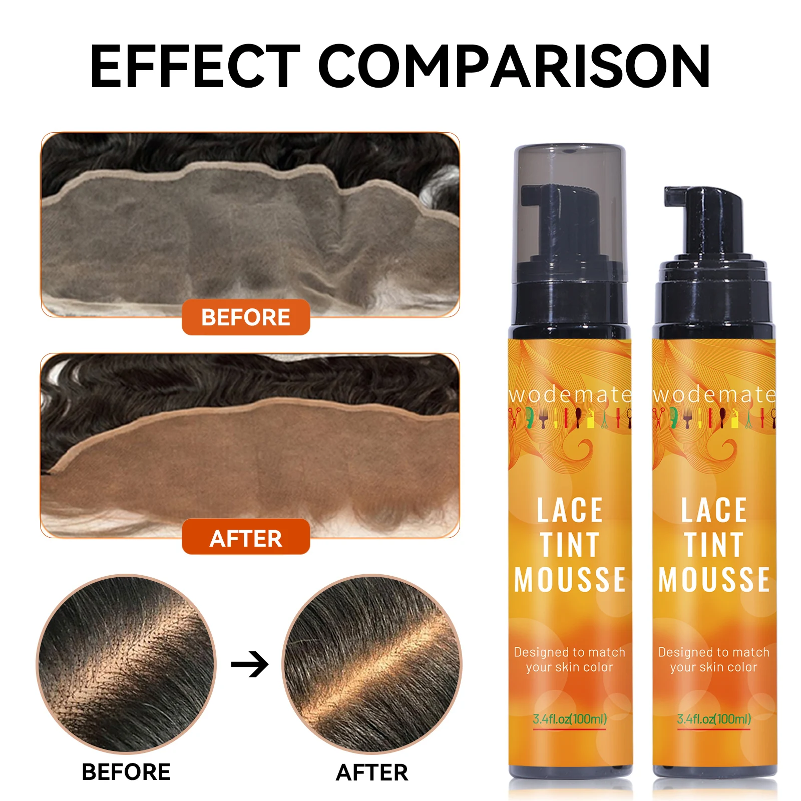 Mousse de tinte de encaje, tinte de encaje resistente al agua, Spray para peluca de encaje, tinte para el cabello marrón claro, rejilla de peluca de secado rápido, corrector sin residuos