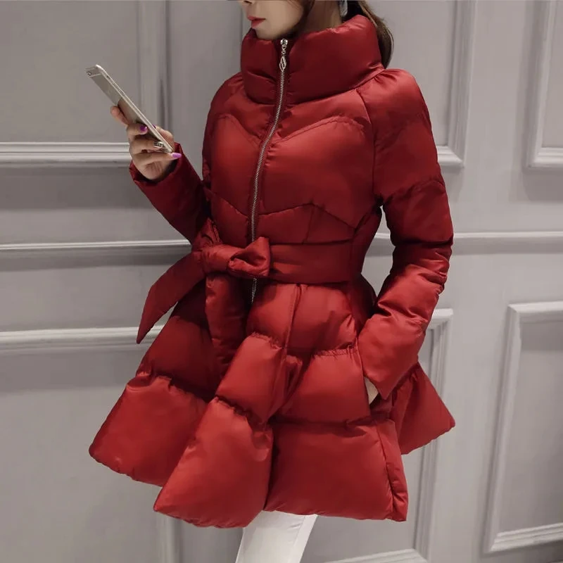 Chaqueta acolchada de algodón con cuello levantado para mujer, abrigo coreano, falda acampanada, abrigo Parker cálido Delgado grueso, invierno, nuevo