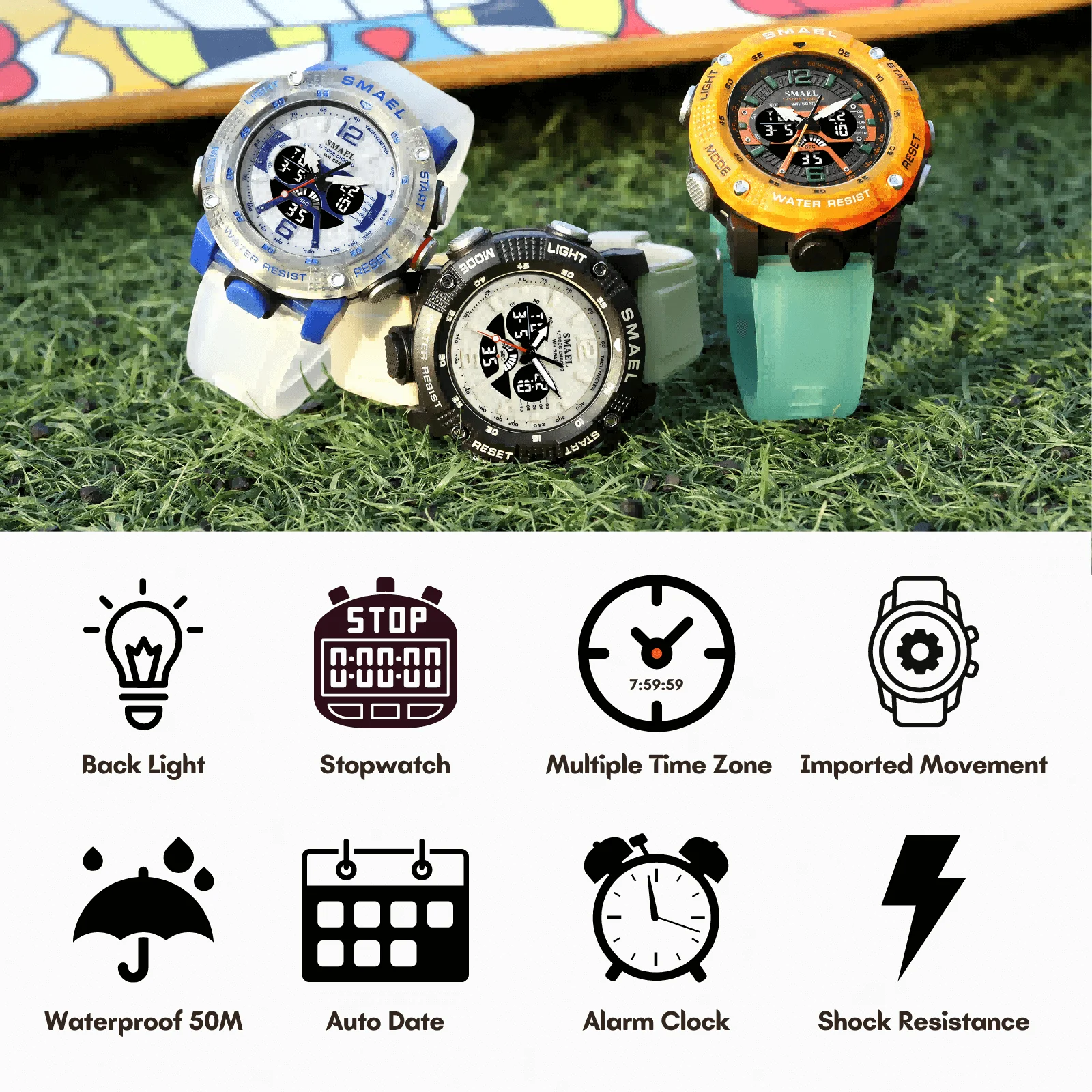 Jam Tangan Sport ผู้ชาย SMAEL กันน้ำ Analog Analog Quartz นาฬิกาข้อมือชายแฟชั่นนาฬิกาจับเวลานาฬิกาปลุก8058 Man นาฬิกา2023ใหม่
