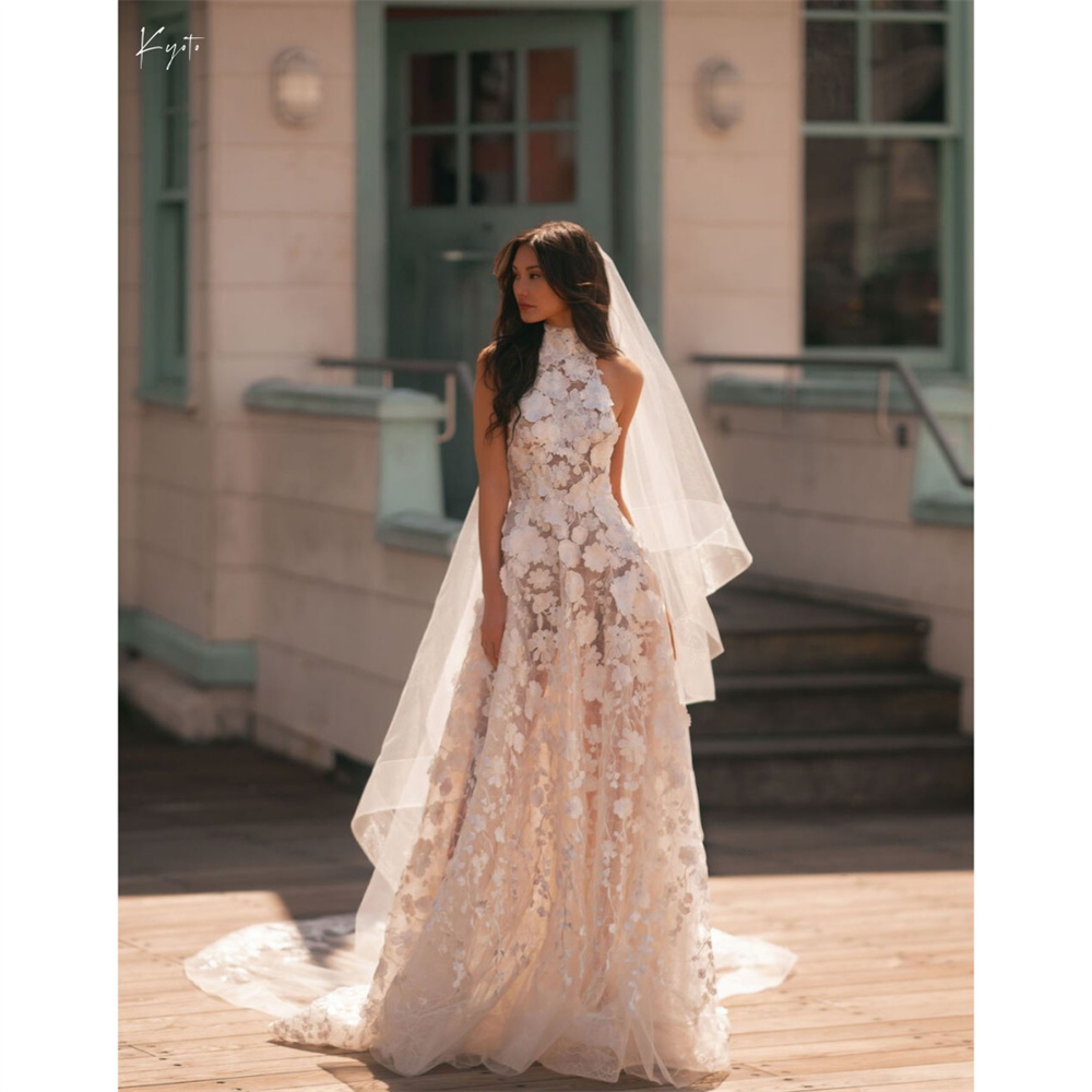 Kyoto индивидуальное белое кружевное свадебное платье без бретелек с аппликацией трапециевидной формы с лямкой на шее, платья de novia, формальное платье с открытой спиной и скользящим шлейфом