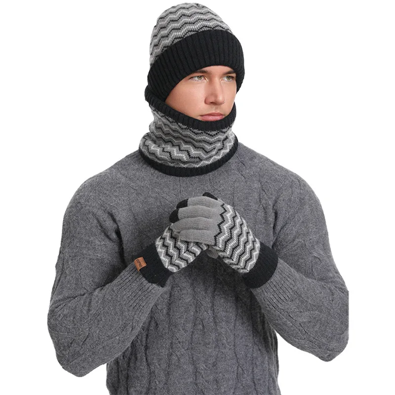 1Set Warm Soft Winter Fleece-lined Knitted Hat Scarves And Touch Screen Gloves 3-Piece Set Perfect Ear Neck Warmer Men's Warm