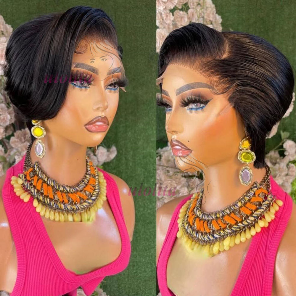 픽시 컷 13x4 투명 레이스 프론트 가발 여성용 짧은 밥 가발 브라질 스트레이트 hd 레이스 정면 인간의 머리 가발 200 밀도