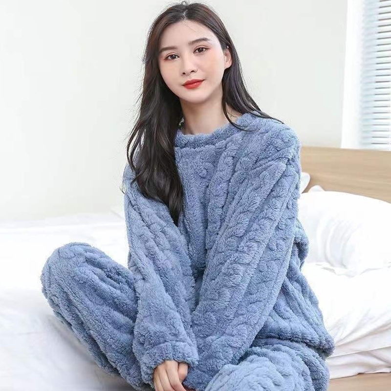 Herfst Vrouwen Solid Warm 2 Delige Sets Dikker Fluwelen Geribbelde Fleece Set Trui En Broek Vrouwen Casual Pyjama Sets 2023