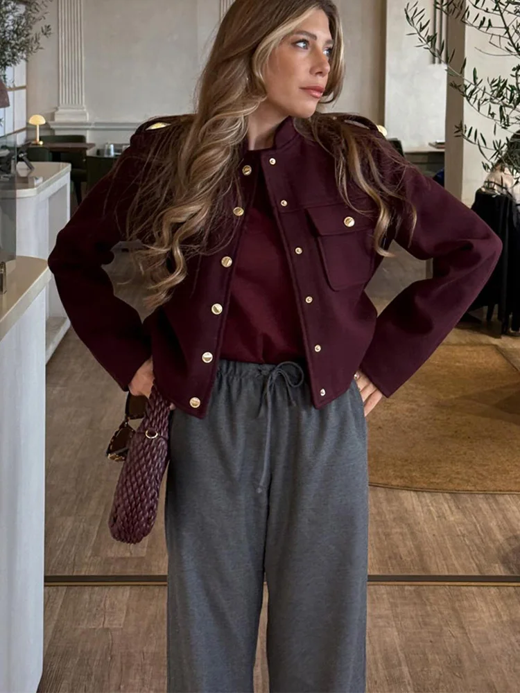 Hh 2024 moda feminina macio tweed jaqueta bomber o pescoço manga longa bolsos botões solto casaco de lã feminino streetwear