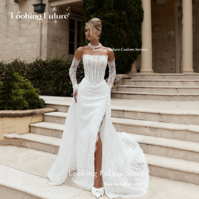 Customized Luxury Lace Appliques Mermaid Wedding Dresses White Sexy Strapless Backless Sleeveless High Slit Bridal Gowns 2026
