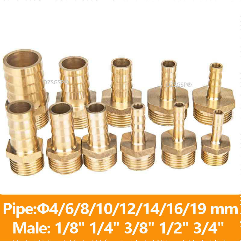 Accesorio de tubería de latón, 4mm, 6mm, 8mm, 10mm, 12mm, 19mm, cola de lengüeta para manguera, 1/8 ", 1/4", 1/2", 3/8 ", conector macho BSP, adaptador de acoplador de cobre de junta