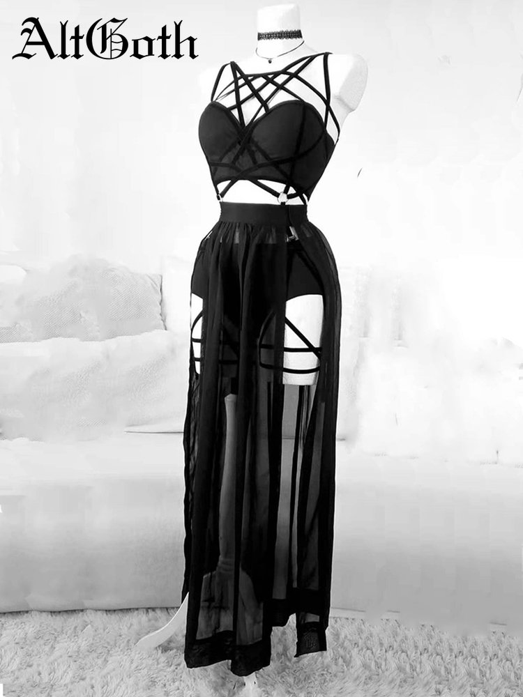 AltGoth-Conjunto de falda Sexy gótica para discoteca para mujer, Tops cortos con espalda descubierta de malla transparente, falda de calzoncillos de cintura alta Emo Alt Punk, 3 uds.
