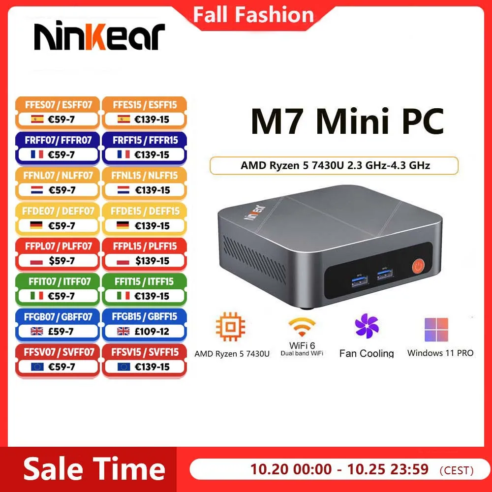 Ninkear M7 Mini PC AMD Ryzen 5 7430U 2,3 GHz-4,3 GHz Windows 11 PRO 16 GB DDR4 RAM 512 GB SSD WIFI 6.0 Mini-computers met ventilatorkoeling