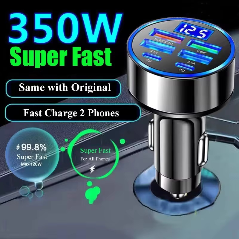 100W 6 Ports Car charger Fast charging PD Qc3.0 USB C Car Phone charger Type C Adapter in Car For iPhone Samsung Huawei Xiaomi