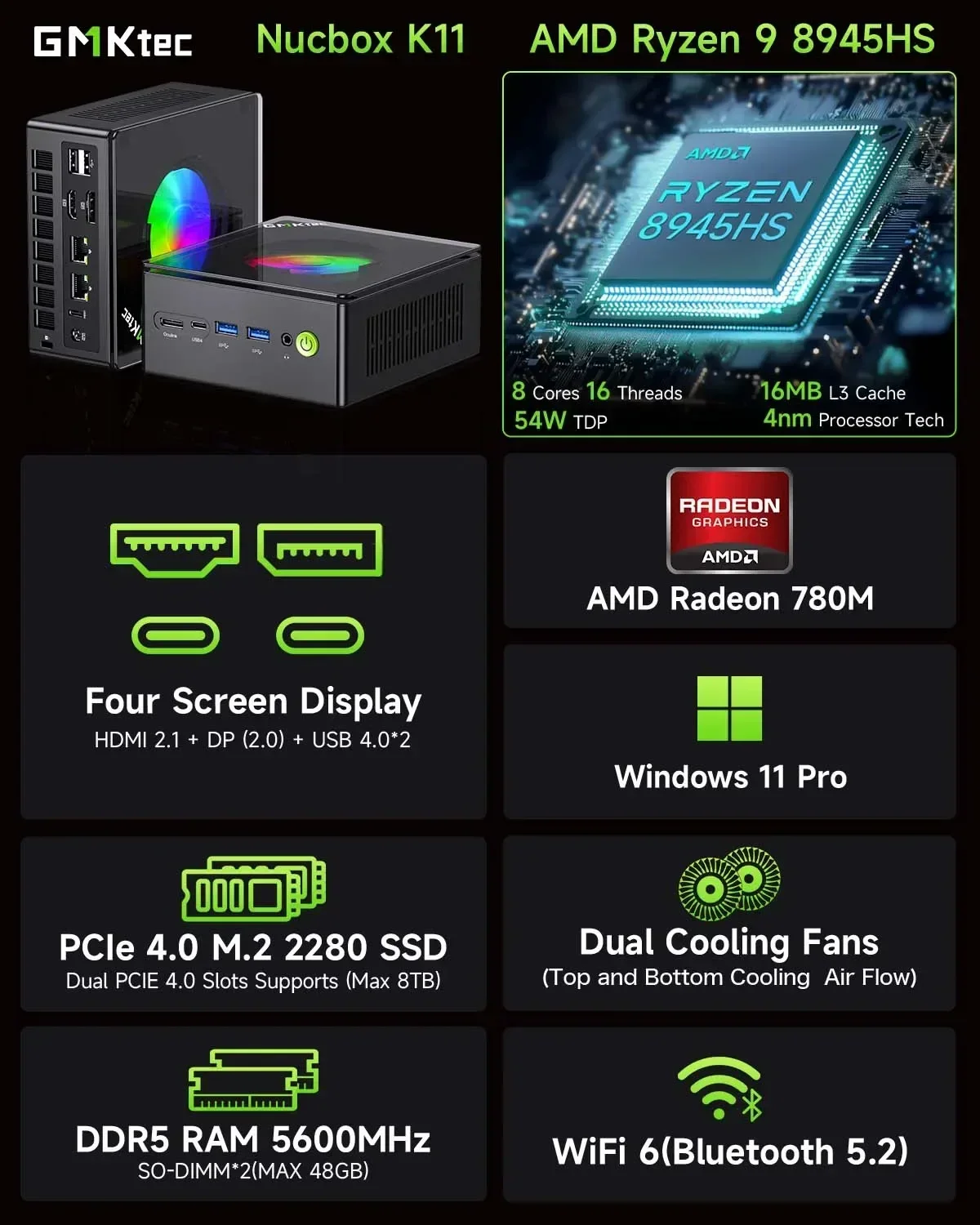 GMKtec-Gaming Mini PC Gamer Computer, Ryzen 9, 8945HS, Radeon 780M, Windows 11 Pro, DDR5, 32GB, 1TB SSD, WiFi 6, BT5.2, 2.5GLan
