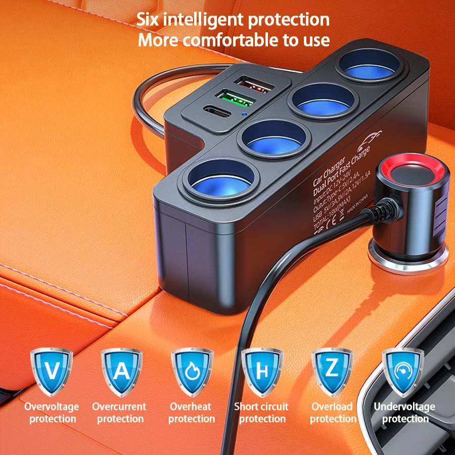 120W Multi-Function Charger USB/Type C Fast Charging Can Charge Multiple Devices At The Same Time, One Tow And Four Car Chargers