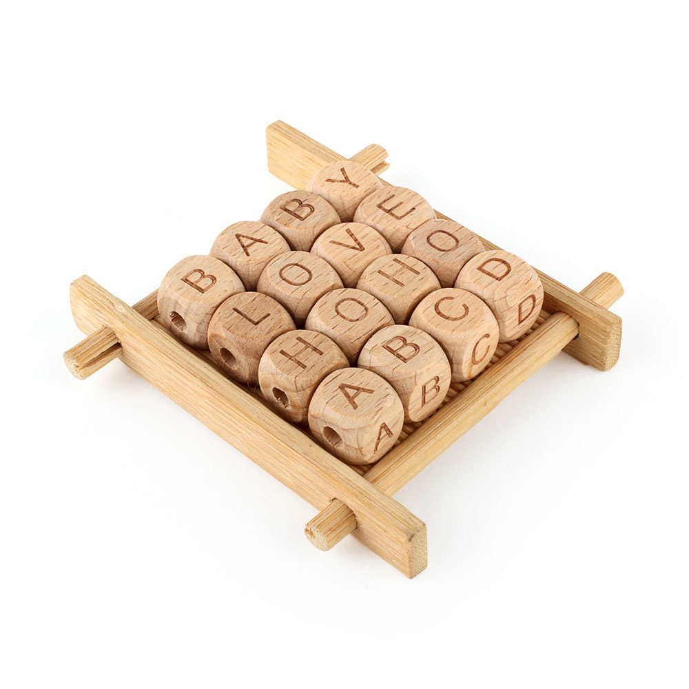 10/100/300/500/1000 Uds cuentas de letras de madera mordedor para bebé DIY cadena de chupete para la dentición 12mm alfabeto inglés cuentas de madera Natural