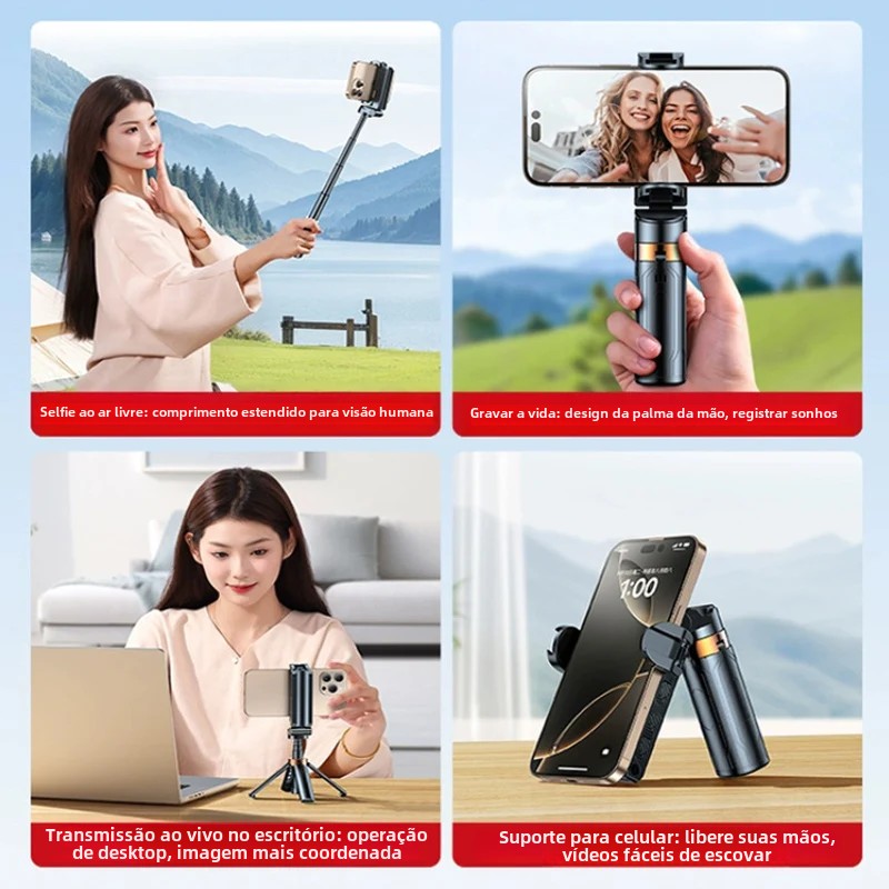 Super mini bastão de selfie portátil, suporte para telefone, auxílio para tiro, design integrado versátil, controle remoto bluetooth para transmissão ao vivo