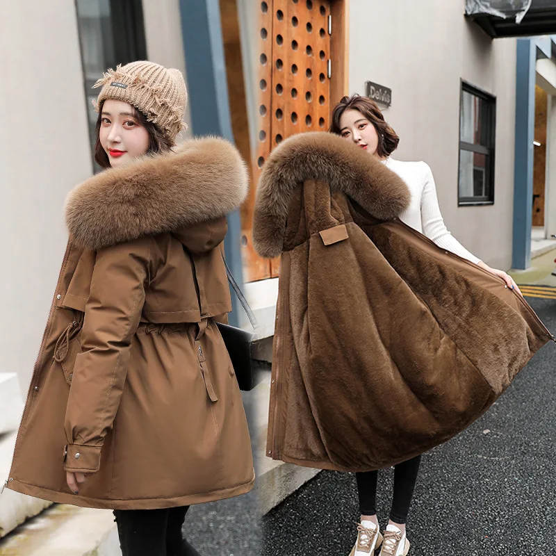 Parka longue à capuche pour femme, manteau à la mode, doublure en laine, nouvelle veste d'hiver Slim avec col en fourrure, vêtements chauds de neige rembourrés, 2023