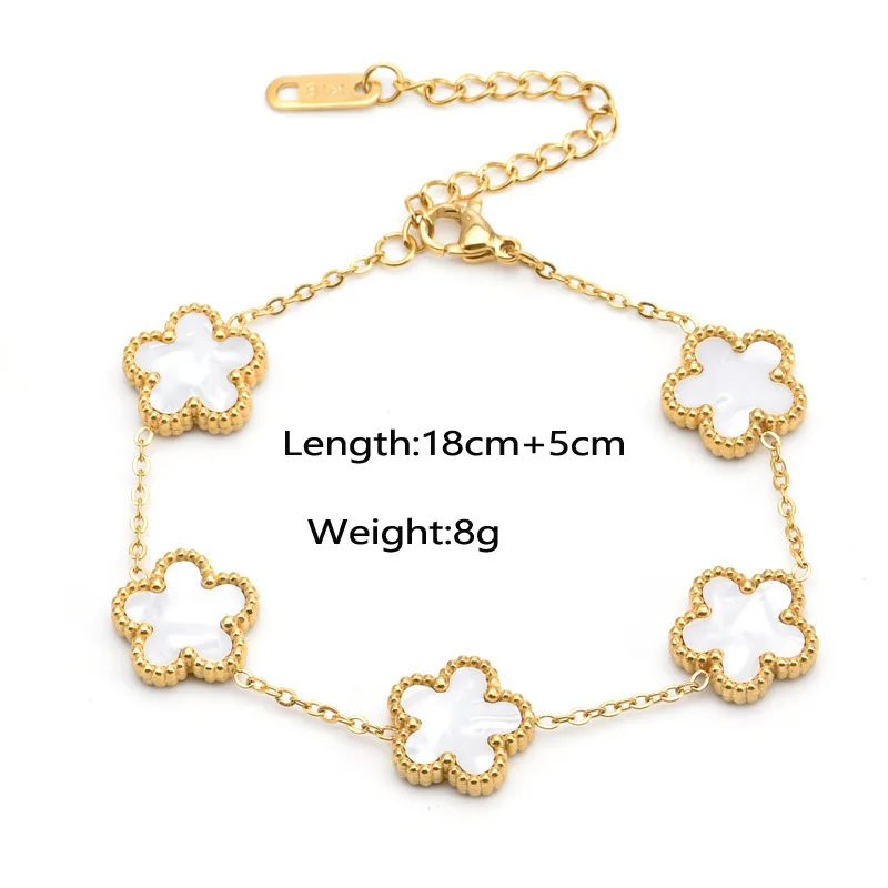 ปรับ Gold-Plated สแตนเลสสตีลดอกไม้สร้อยข้อมือห้ากลีบผู้หญิงหรูหราของขวัญ Clover