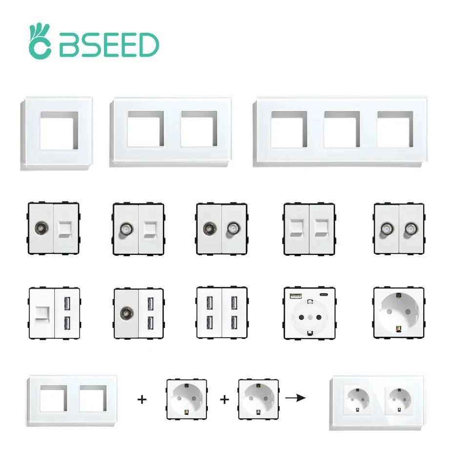 BSEED Белая стеклянная панель с интернет-розеткой TV ST CAT5 RJ45 Функциональные детали Двойная USB-розетка Настенная вилка европейского стандарта DIY Бесплатная комбинация