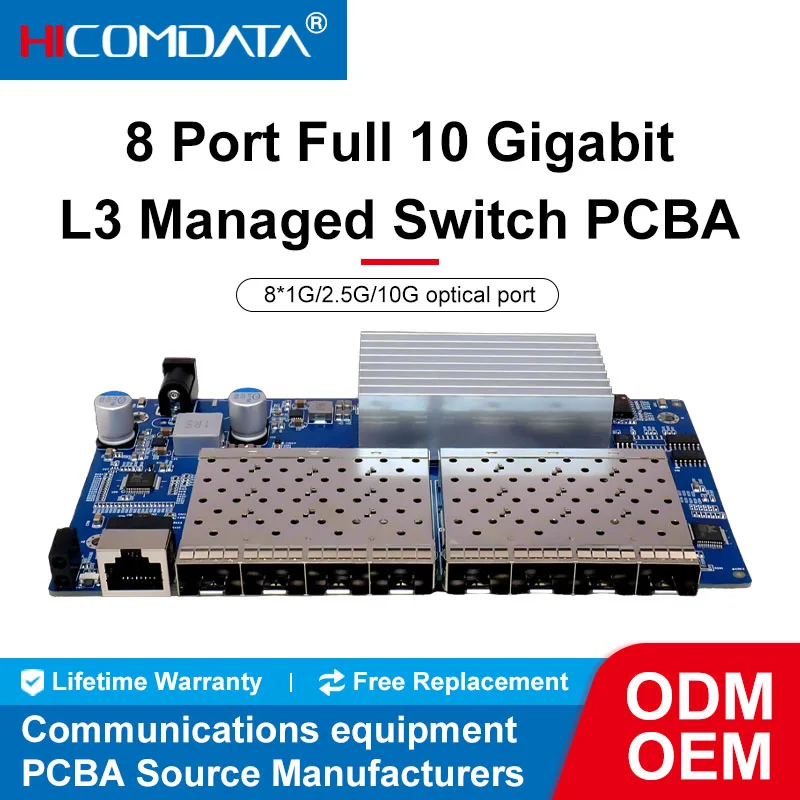 8 портов SFP+ на 10 гигабит. Управляемый сетевой коммутатор L3. Поддержка DHCP и динамической маршрутизации. Поддержка разделения VLAN и агрегации портов.