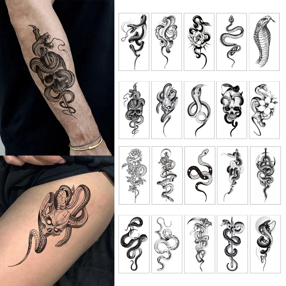 10 stücke Wasserdicht Temporäre Tattoo Aufkleber Schlange Schwarz Mamba Blume Schädel König Cobra Totem Körper Kunst Arm Gefälschte Tattoos Frauen Männer