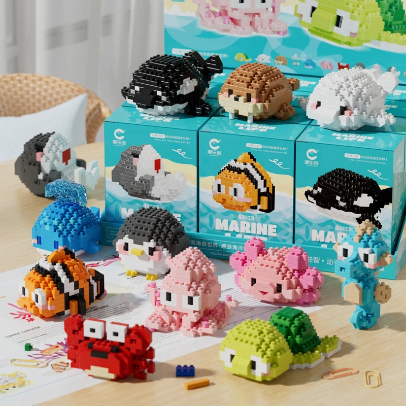 ใหม่ Marine Life Series Building Blocks เต่า,เบลูก้า,ม้าน้ํา,ปู,ปลาหมึกยักษ์,ปลาฉลาม,ปลาตลก,Killer WHALE ประกอบของเล่น