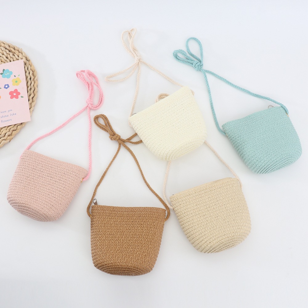 Bolso de hombro creativo para niños y niñas, de Color puro bandolera de paja, monedero bonito, Mini bolso de princesa, novedad de verano 2024