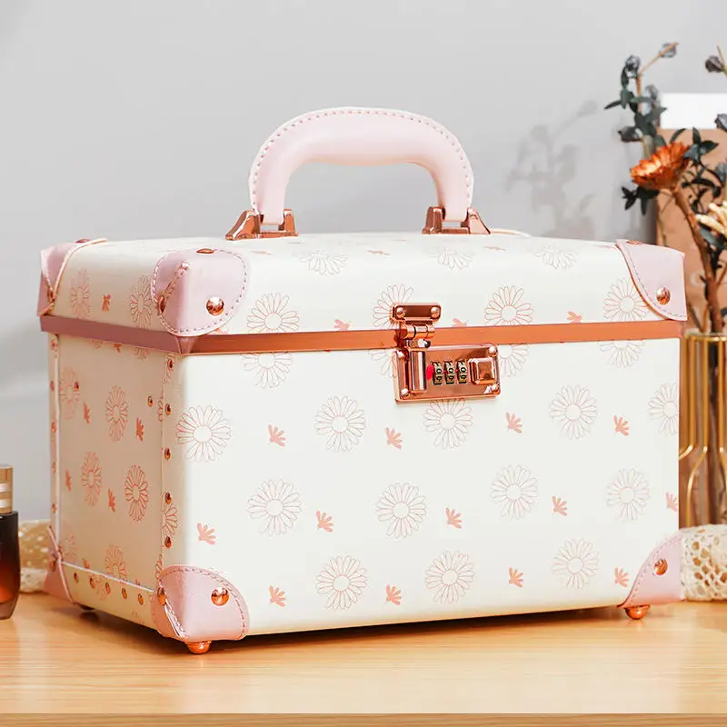 Tragbare Retro-Passwort-Make-up-Box-Aufbewahrung, große Kapazität, doppelter Lederkoffer, niedliche koreanische Version, Kosmetik-Gepäcktasche